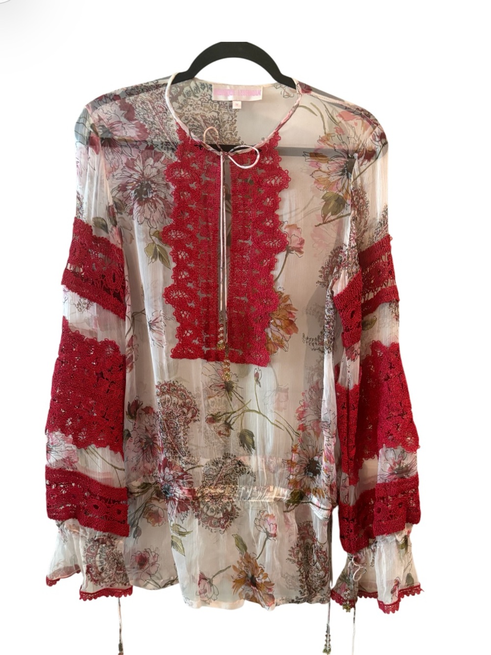 Monique Leshman Floral Sheer Lace Boho Blouse Medium Romantic Top